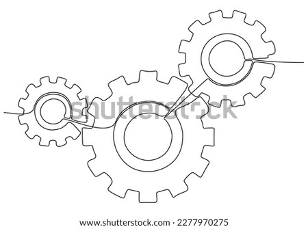 Continuous line drawing of machine gears. Gear vector illustration with cogs on transparent background. Machine gear technology concept in doodle style