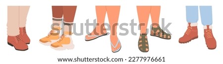 Fashion boots, sandals and shoes on leg vector. Different models of male footwear illustration isolated on white background. Fashion footgear boutique, trendy outfit concept Royalty-Free Stock Photo #2277976661