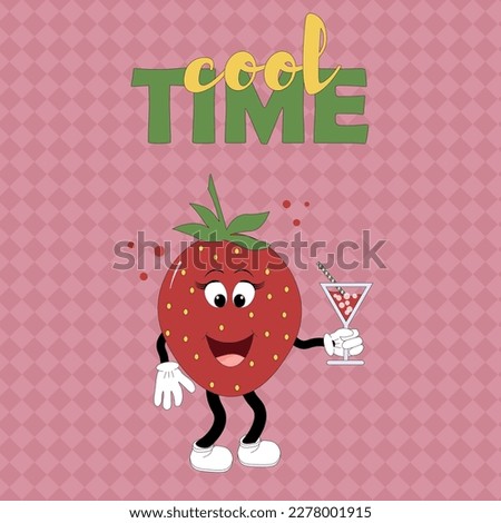 Postcard template - cool time. Cartoon strawberry with a cocktail in his hand. Fun party. Vector illustration of fruit mascot characters. Pink checkered background. For covers, books and brochures,