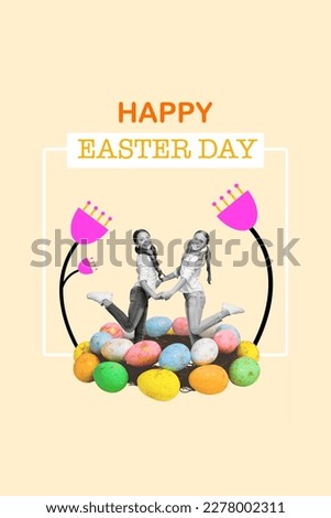 Vertical photo collage two little girls hold hands spend Easter weekend together stand on decorated wreath nest colored eggs tulips