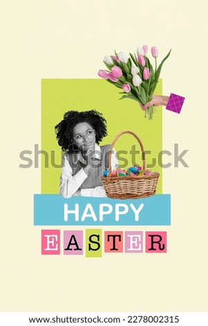 Creative picture banner collage of young lovely lady prepare for easter festive event collect color eggs tulips bunch