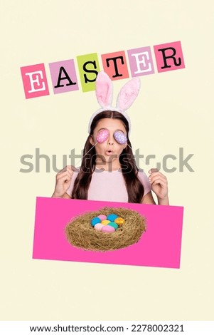 Creative magazine postcard collage of young lady playing game on easter occasion collect hunt colorful eggs