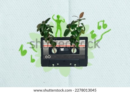 Composite collage portrait of retro tape recorder cassette little plasticine person green leaves plant isolated on drawing background