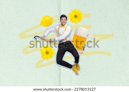 Composite collage portrait of mini cheerful guy hold umbrella jump dance big pint beer daisy flower isolated on drawing background