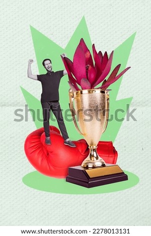 Vertical collage picture of excited delighted mini black white effect guy raise fists stand huge boxing glove champion cup trophy