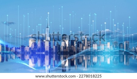 Immersive blurry futuristic arrows smart city interface over New York skyline cityscape mirrored with reflections. Concept of network, communication and internet of things