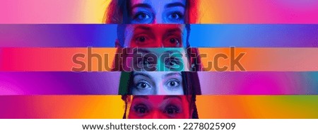 Collage. Widely open. Close-up image of female eyes placed on narrow stripes over multicolored background in neon light. Concept of human diversity, emotions, equality, human rights, youth Royalty-Free Stock Photo #2278025909