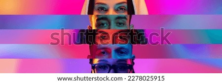 Collage. Close-up image of male and female eyes isolated on colored neon backgorund. Multicolored stripes. Concept of human diversity, emotions, equality, human rights, youth