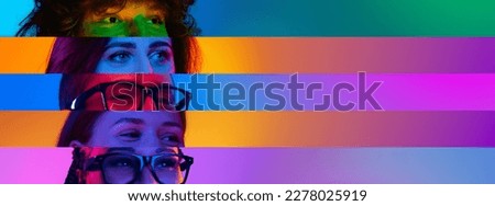 Collage. Looking away. Male and female eyes placed on narrow stripes over multicolored background in neon light. Concept of human diversity, emotions, equality, human rights, youth