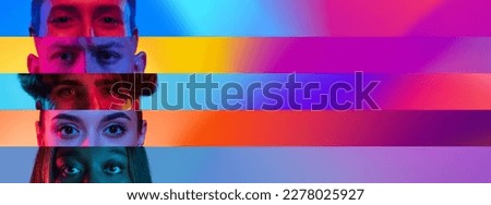 Collage. Close-up images of male and female eyes looking at camera over gradient multicolor background in neon light. Concept of human diversity, emotions, equality, human rights, youth Royalty-Free Stock Photo #2278025927