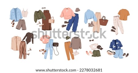 Outfits set in casual style. Women fashion apparels, modern garments looks with accessories. Trendy female wearing for spring and summer. Flat graphic vector illustrations isolated on white background Royalty-Free Stock Photo #2278032681