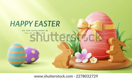 3D illustrated Easter poster. Giant painted egg with bow on wooden stage with rabbit ornament on apple green background. Royalty-Free Stock Photo #2278032729