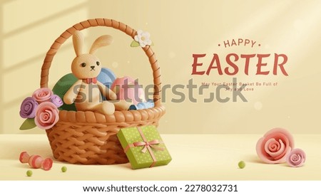 3D Easter poster. Corduroy rabbit plushy in basket full of painted eggs, candy, and roses on light beige background. Royalty-Free Stock Photo #2278032731