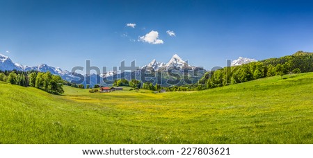 Panoramic view of idyllic summer landscape in the Alps Royalty-Free Stock Photo #227803621