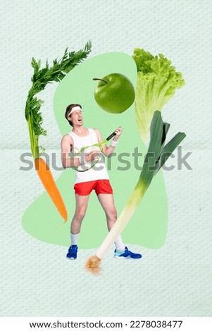 Abstract vertical collage picture of crazy mini guy play tennis racquet instead guitar big fresh vegetables carrot lettuce onion apple fruit