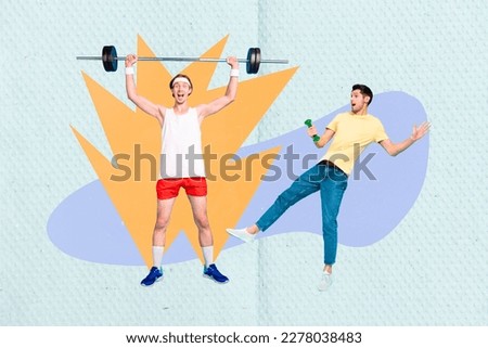 Composite collage portrait of two funky guys lift press barbell dumbbell isolated on creative background