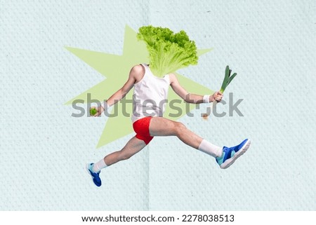 Creative collage picture of running sporty guy lettuce leaves instead head hold green onion running jumping isolated on painted background