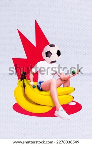 Vertical collage picture of mini sportive guy sit huge banana fruit lifting dumbbell football instead head isolated on painted background