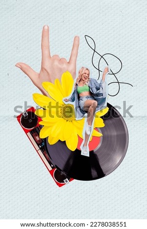 Vertical collage picture of excited overjoyed mini girl dancing big arm fingers demonstrate heavy metal symbol vinyl record boombox