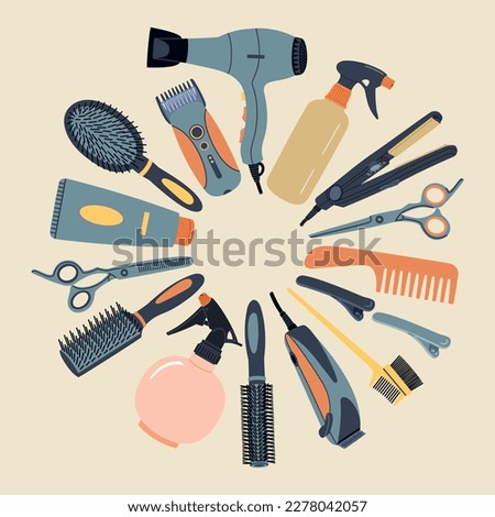 Set of haircut tools and accessories. Hair dryer, hairbrush, razor, scissors and different professional tools for barbershop. Hand drawn vector illustration isolated on light background, flat style. Royalty-Free Stock Photo #2278042057