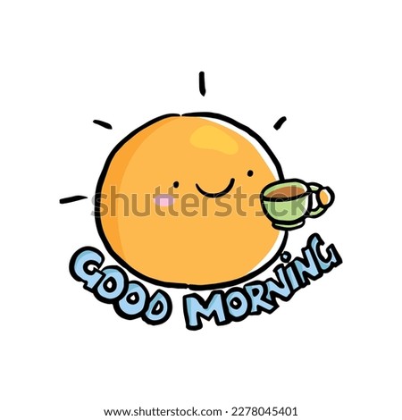Vector illustration of a sun mascot drinking a cup of coffee. Good morning greetings.
