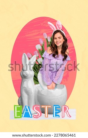 Vertical banner creative collage girlish cute lady festive wear rabbit ears decor white sculpture bunny fresh tulips isolated on yellow background