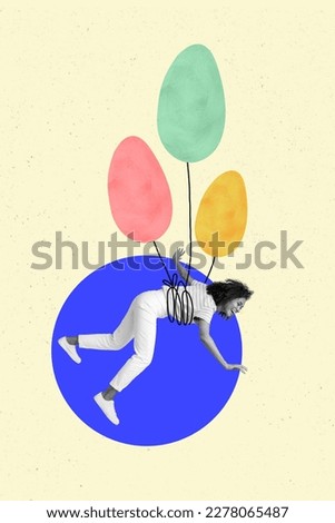 Creative artwork banner poster collage of funky young lady tangled roped flying up on balloon easter eggs decor