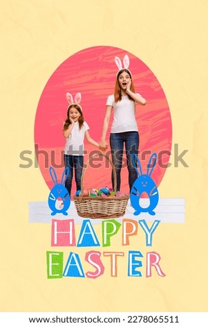 Vertical greeting collage two people mother daughter hands together wear bunny headband basket easter eggs gingerbread isolated on yellow background