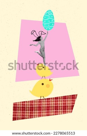 Creative banner poster surreal collage of mini little girl standing on yellow baby chicks collecting painting colorful easter eggs