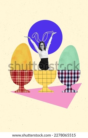 Poster banner easter collage of funny funky lady surprise from morning festive breakfast colorful sweet eggs