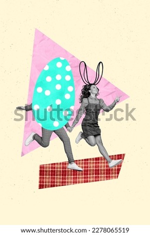 Creative picture greeting postcard collage of two people girlfriend showing easter sale to husband with color egg body