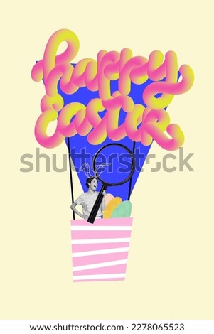 Creative weird festive collage of funny funky lady rabbit easter symbol flying up air balloon with painting eggs gifts