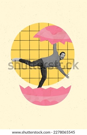Surreal template collage image of huge easter color egg hatching with young funky guy festive celebration concept