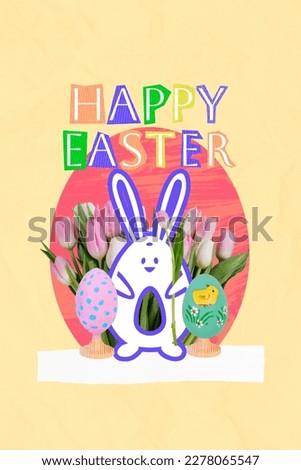 Collage advert congratulations celebrate happy easter egg bunny cartoon near decorations prepare tulips flowers isolated on yellow background