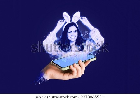 Composite collage of young girl wear rabbit headband happy easter holiday greetings touchscreen projection message isolated on blue background