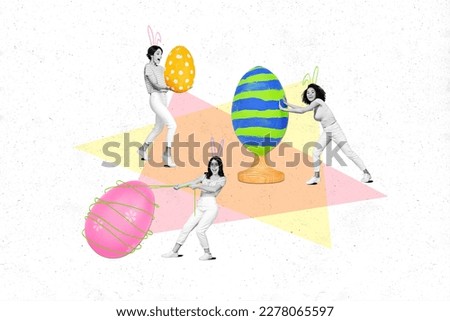 Template minimalistic collage of girls invitation postcard banner push colorful drawn easter eggs preparation holiday isolated on white background