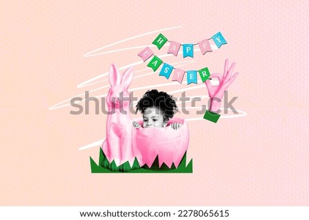 Photo collage of cute little schoolboy hiding inside decoration pink rabbit happy easter flags celebration green lawn isolated on drawn background