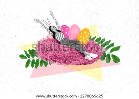 Cartoon collage greetings of young funny girl painted bunny ears lying nest with easter ornament traditional eggs nature isolated on white background