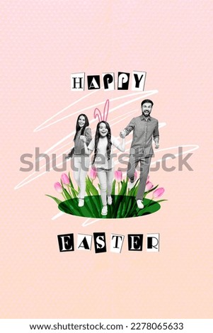 Picture minimal collage happy family hands together father mother daughter bunny ears walk garden fresh tulips easter isolated on pink background Royalty-Free Stock Photo #2278065633