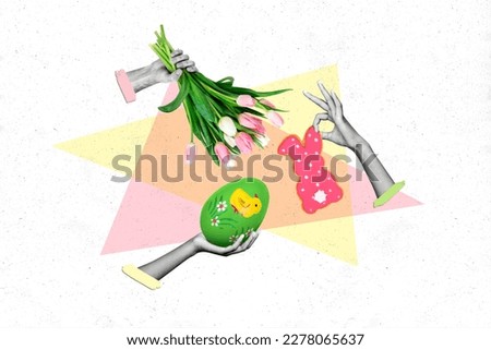 Minimal collage of traditional set april holiday happy easter hold bunch tulips paper bunny cookie ornament green egg isolated on white background