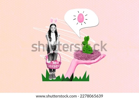 Photo creative collage template postcard schoolgirl celebration event outdoors hold basket easter eggs green rabbit decor isolated on pink background Royalty-Free Stock Photo #2278065639