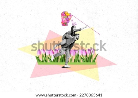 Collage greeting celebration of young wife husband piggyback park tulips springtime hold fishnet painted eggs easter isolated on white background
