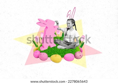 Composite photo collage of small cute girl playing with toy rabbit on lawn growing tulips springtime easter have fun isolated on white background
