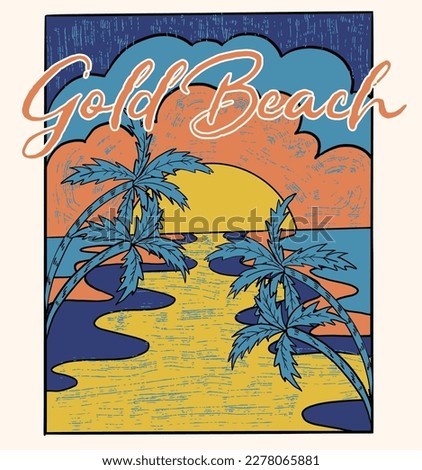 Gold beach.Palm tree island print design for t shirt print, poster, sticker, background and other uses. Beach vibes with surfing board vintage print design.