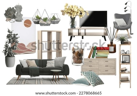Living room interior design. Collage with different combinable furniture and decorative elements on white background Royalty-Free Stock Photo #2278068665