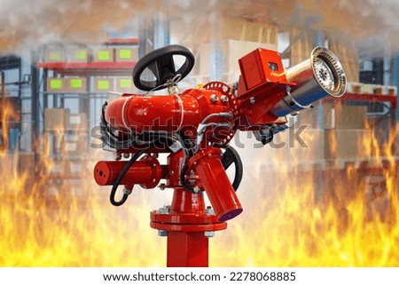 Burning storehouse company. Fire safety system. Fire extinguishing equipment for storehouse. Storehouse security concept. Fire hydrant for water supply under pressure. Racks boxes in flames