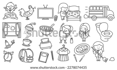 Hand drawn kids drawing The daily routine of cute girl going to school on a white background Isolated vector icon in doodle style Royalty-Free Stock Photo #2278074435