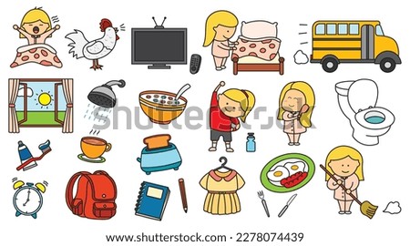 kids drawing The daily routine of cute girl going to school on a white background Isolated vector icon in doodle style Royalty-Free Stock Photo #2278074439
