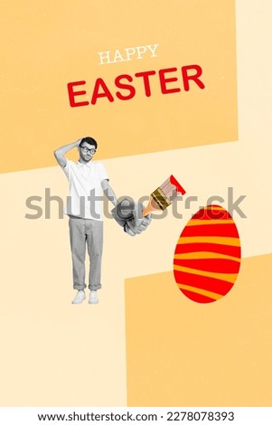 Image magazine poster collage of young guy prepare easter occasion painting eggs feel questioned
