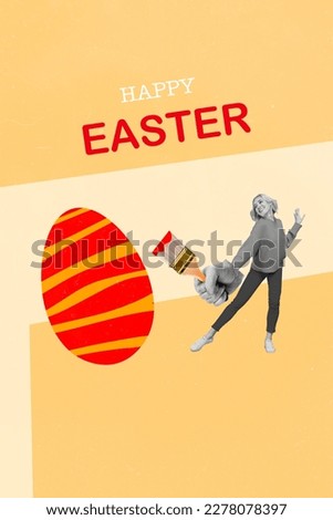 Magazine poster template collage of small funny young lady prepare for easter festive event painting huge decorative eggs